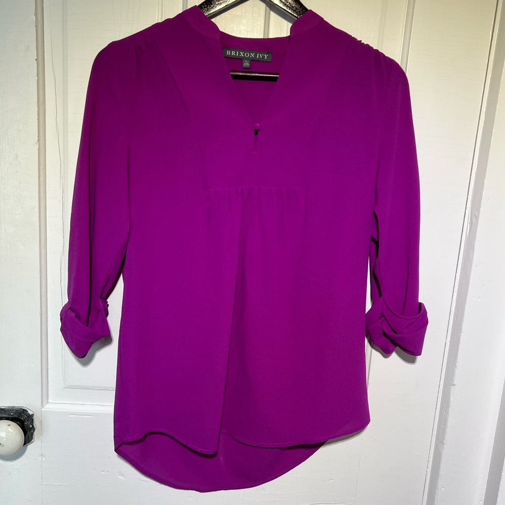 Brixon Ivy 3/4 Split V-neck Cuffed Roll Sleeve Blouse Vibrant Purple Magenta S